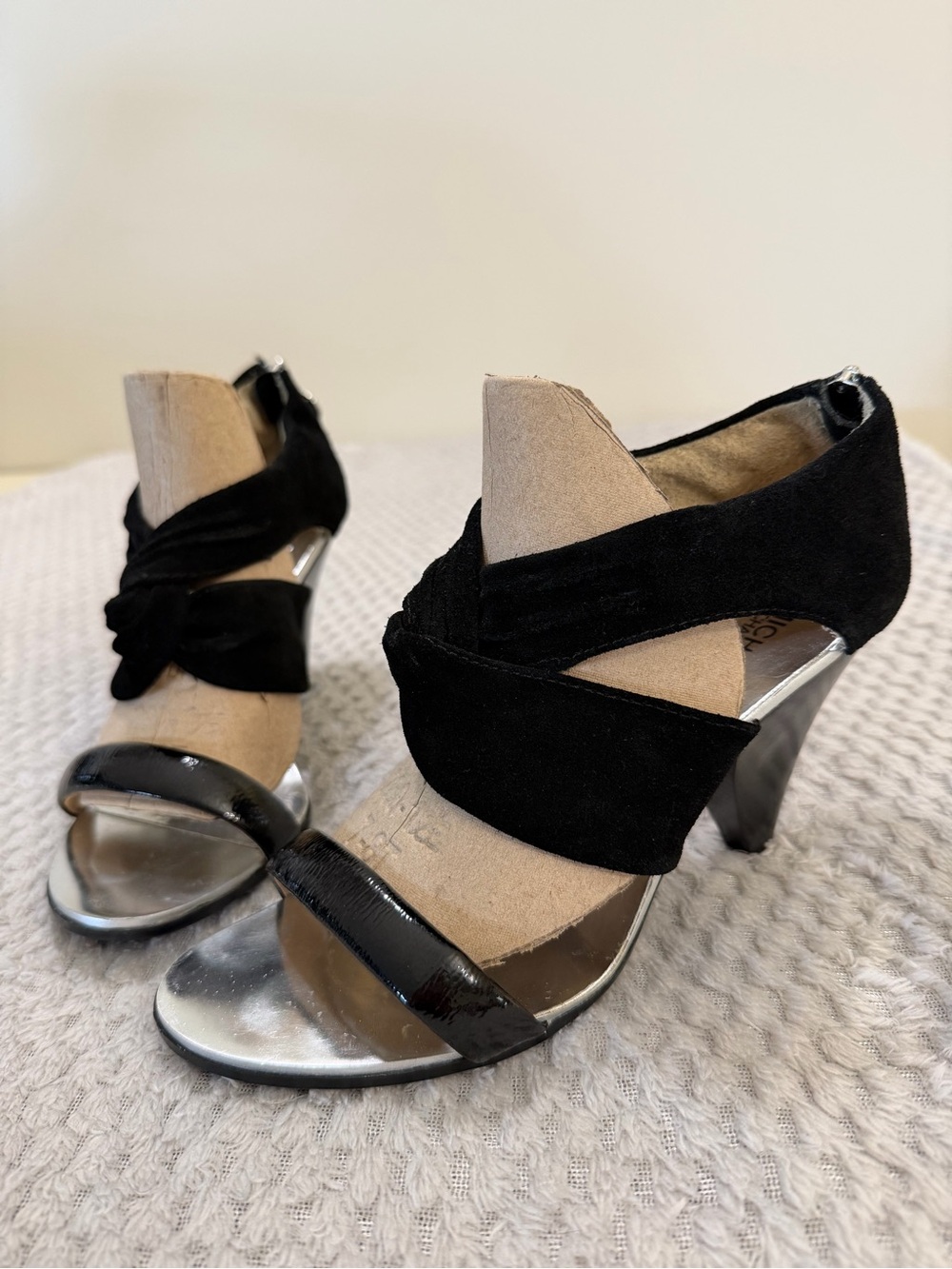 MICHAEL Michael Kors Black Suede Crisscross Heels with Silver Accents